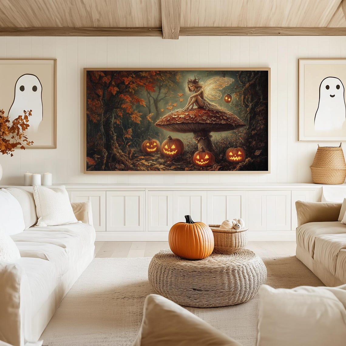 Autumn Fairy on a Red Mushroom Surrounded by Jack O Lanterns Poster - Image 5