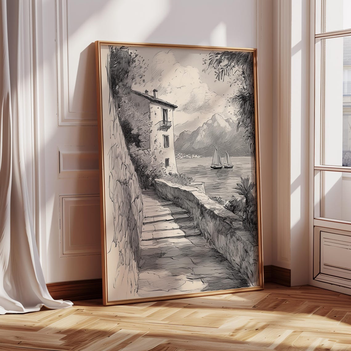 Vintage Seaside Village Drawing Landscape Sketch Print Nautical Sailboat Wall Art Sketch Minimalist Sketch Neutral Vintage Sketch Ca1110 - Image 5
