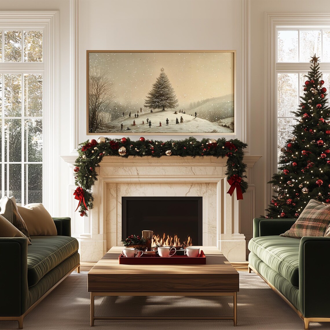 Snowy Hill Christmas Tree Vintage Winter Gathering Scene Poster - Image 5