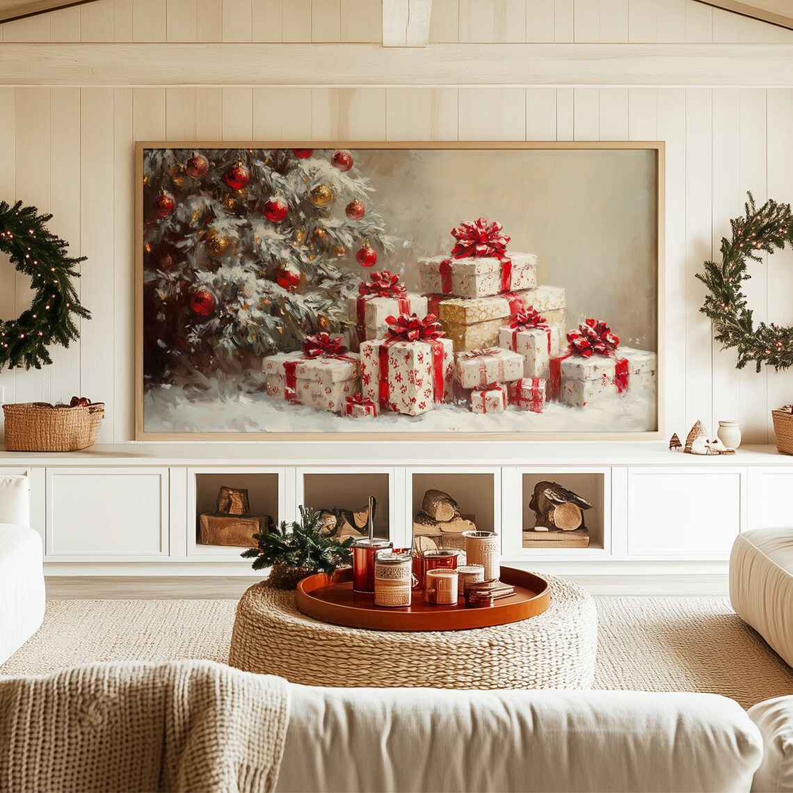 Red Ribbon Christmas Presents Under Snowy Tree Oil Painting Poster - Image 3