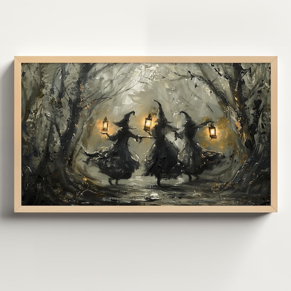 Flying Spooky Witches in Forest, Halloween Art Print