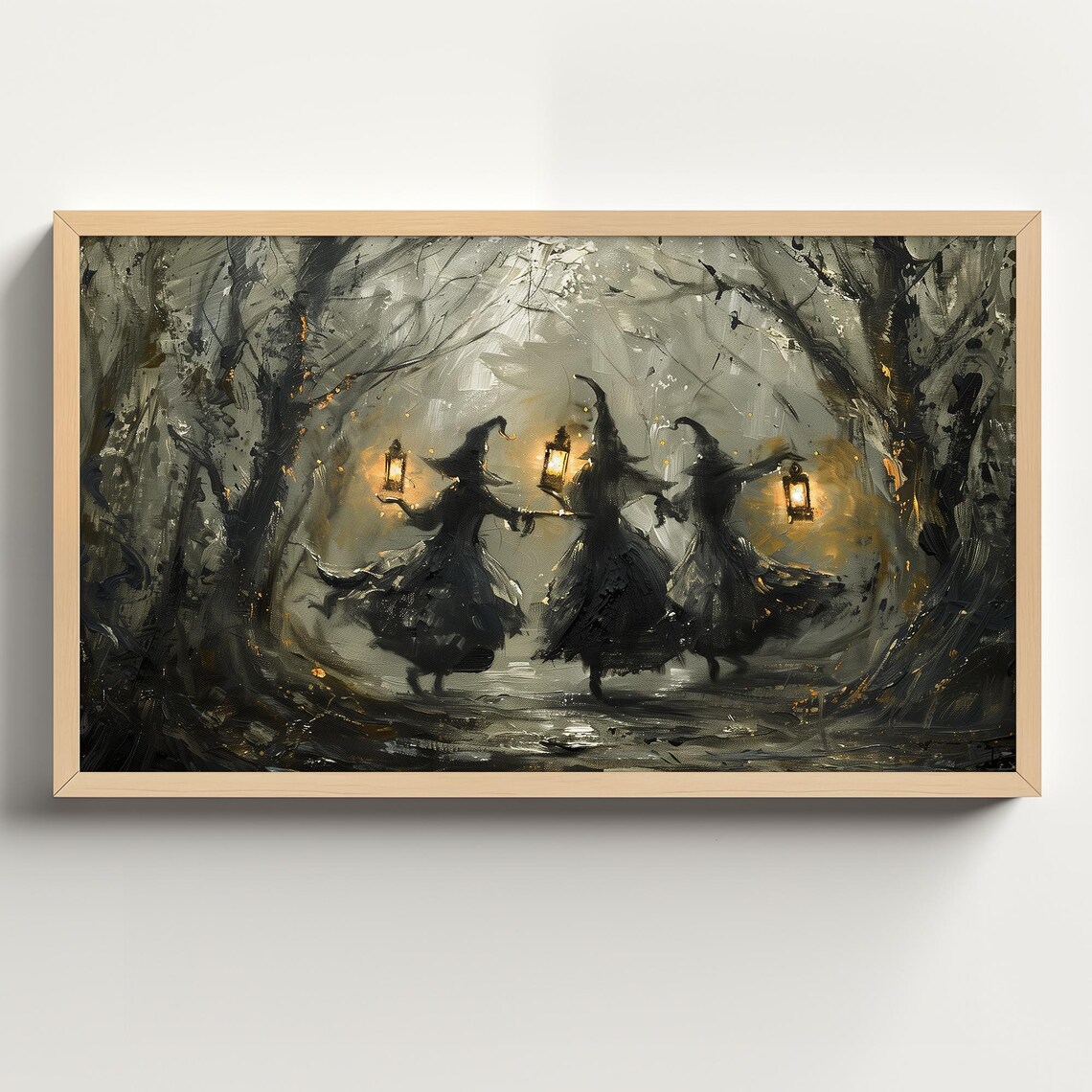 Flying Spooky Witches in Forest, Halloween Art Print