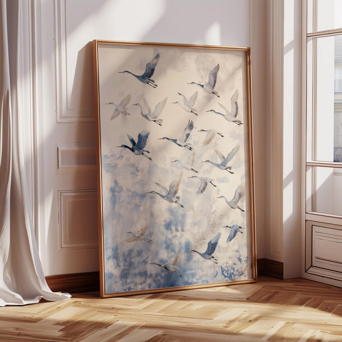 Flock of Herons in Flight Against a Soft Blue Cloudy Sky Wall Art
