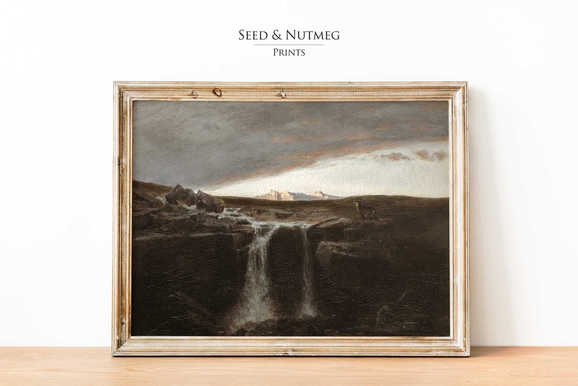Dark Thundering Waterfall at Dusk Moody Vintage Landscape Poster