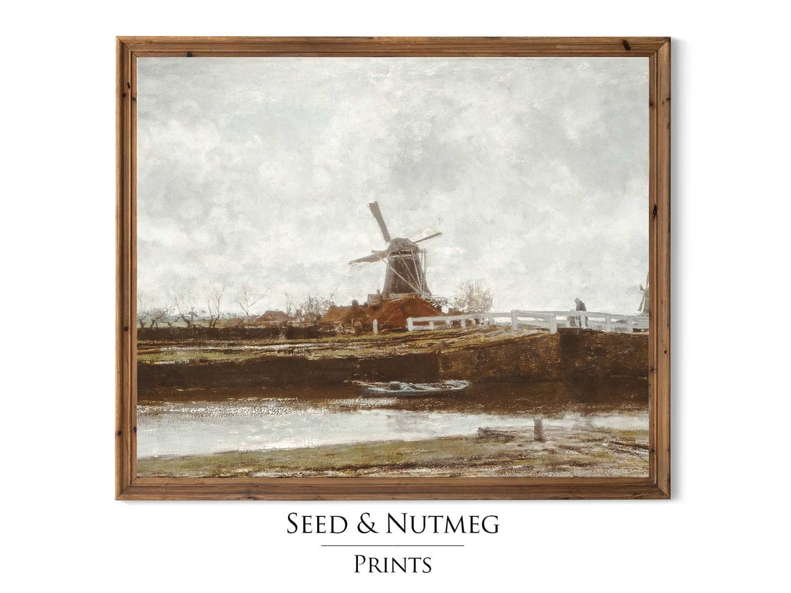 Windmill by a Dark Canal with Rowboat Vintage Dutch Scene Poster