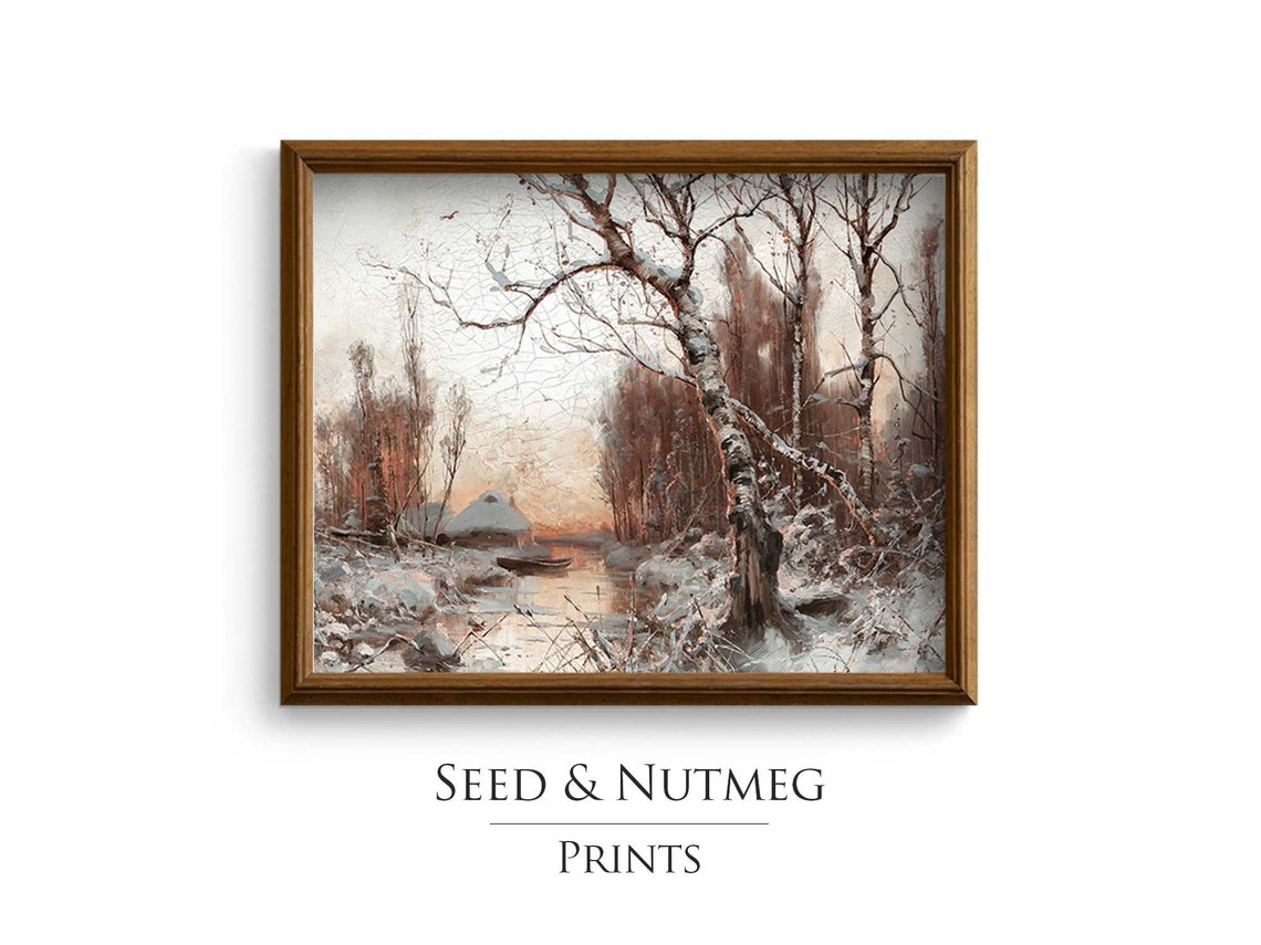 Winter Sunrise Snowy Farmhouse Birch Trees Vintage Art Print