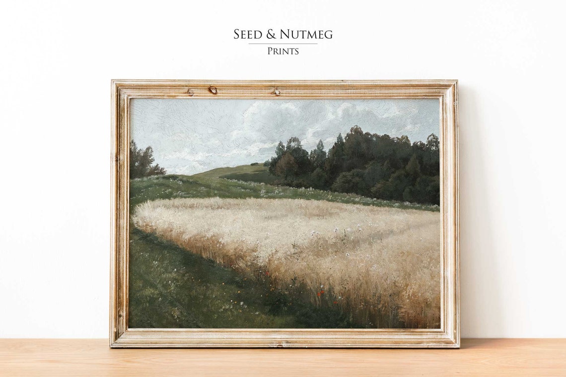 Golden Wheat Field Green Hills Muted Rustic Farm Landscape Poster