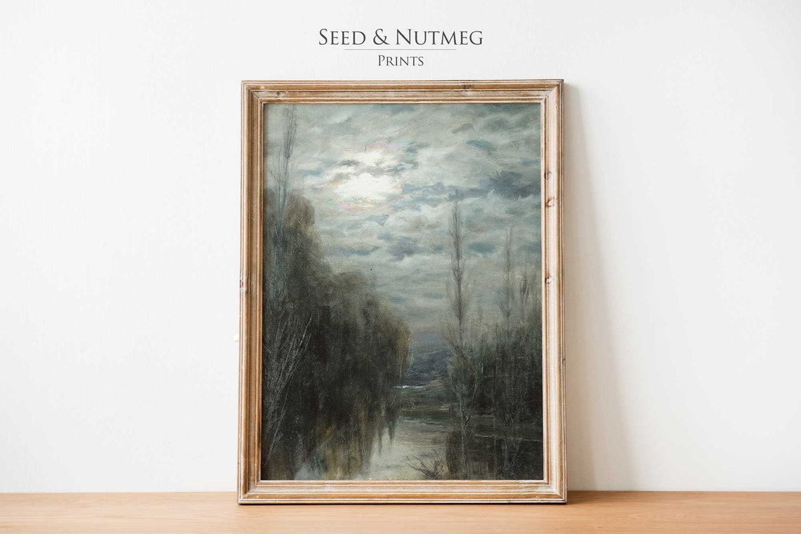 Moonbeam Night River Under Cloudy Sky Vintage Painting Poster