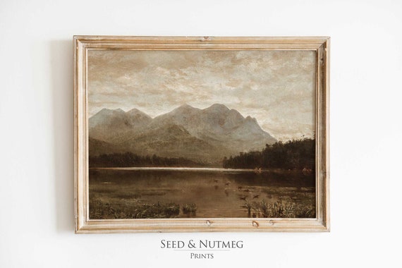 Serene Lake House Wall Art Muted Neutral Antique Oil Painting Wall Decor 103