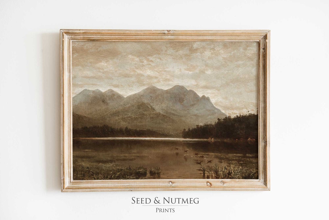 Sepia Mountain Lake Wild Ducks Antique Tonal Landscape Poster