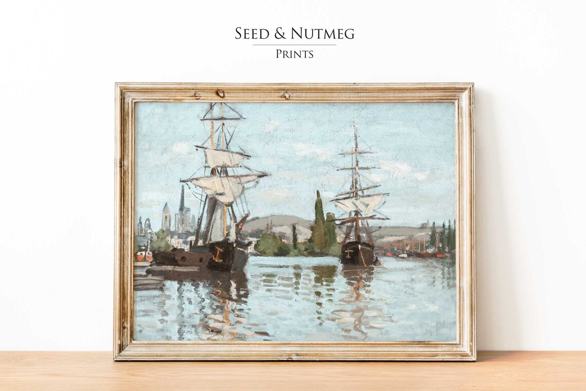 Tall Ships Harbor Vintage Seascape Church Spire Oil Painting Poster