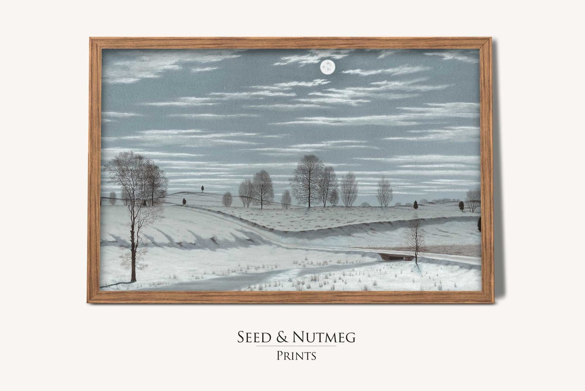 Winter Night Full Moon Over Snowy Fields Vintage Painting Poster