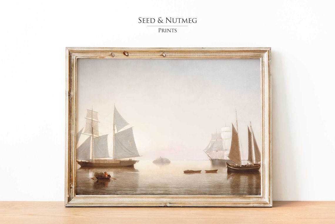 Tall Ships at Dawn on Calm Sea Vintage Maritime Oil Art Print