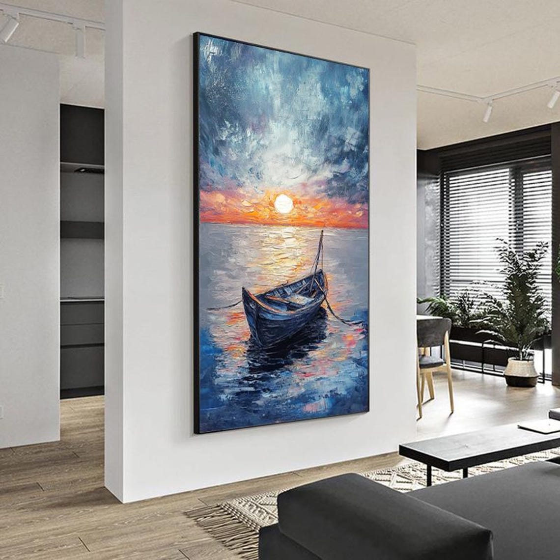 Peaceful Sunset Sailboat on Calm Blue Ocean Oil Painting Poster - Image 5