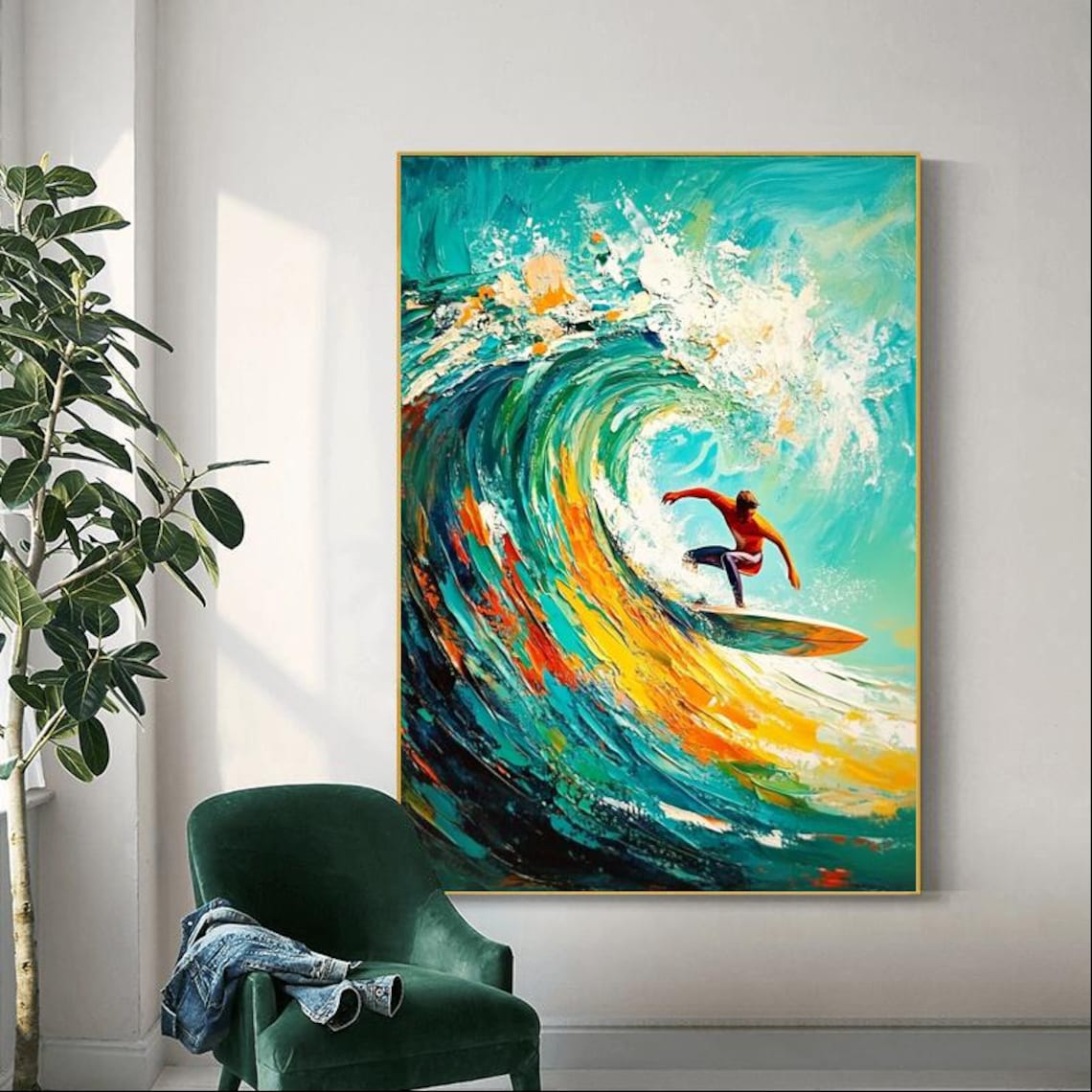 Surfer Riding A Golden Ocean Wave Dynamic Coastal Painting Poster - Image 4