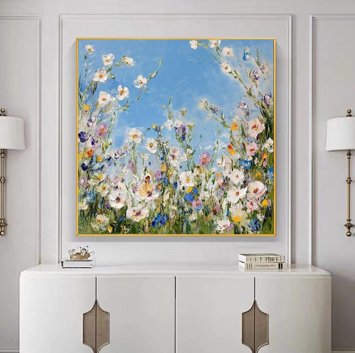 Delicate Wildflowers Reaching Toward Light Blue Sky Floral Art Poster