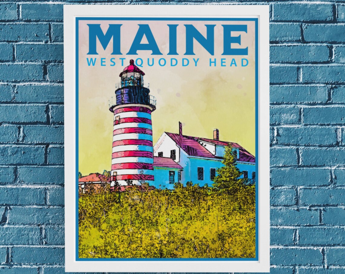 Maine West Quoddy Head Striped Lighthouse Vintage Travel Poster