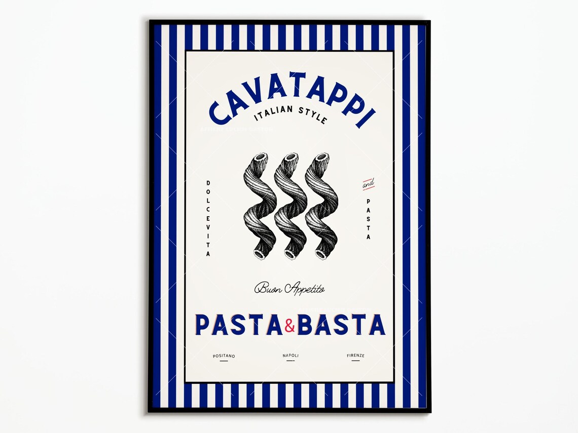 Cavatappi Pasta and Basta Italian Style Blue Striped Kitchen Poster