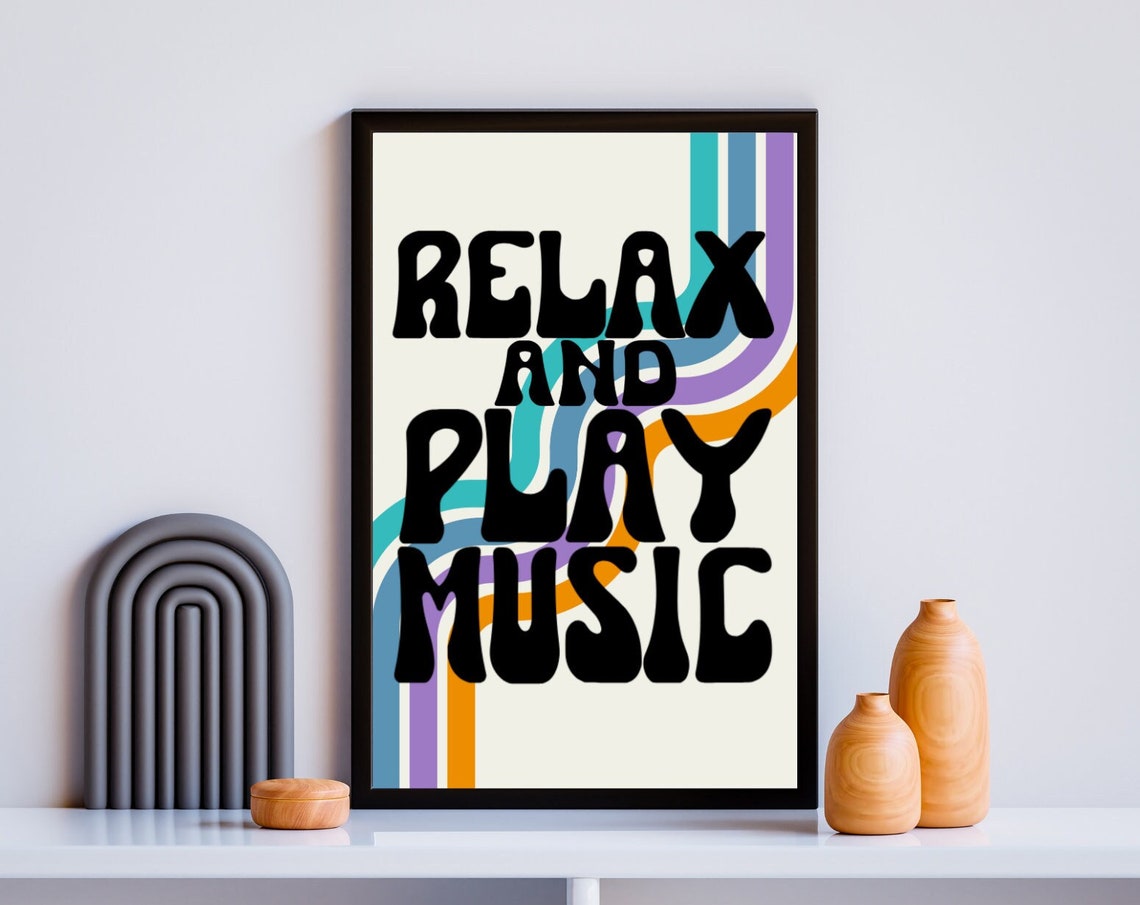Relax And Play Music Retro Groovy Wavy Stripes Music Room Wall Art
