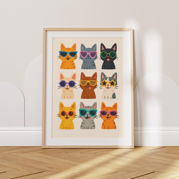 Nine Cute Cats Wearing Sunglasses Funny Kitty Faces Nursery Poster