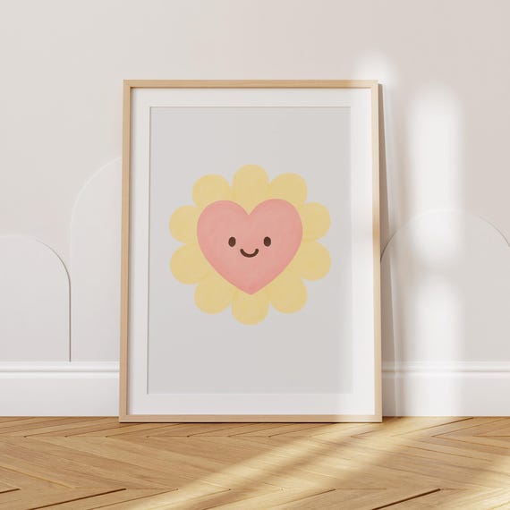 Pink Heart Flower Poster Girl Nursery Wall Art Kids Room Decor Toddler Playrom Posters Boho Valentine Romantic Gift