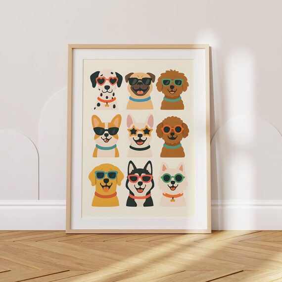 Cool Dogs Wall Art Colorful Puppy Sunglasses Poster Funny Dog Lover Gift Kids Room Nursery Decor Animal Illustration