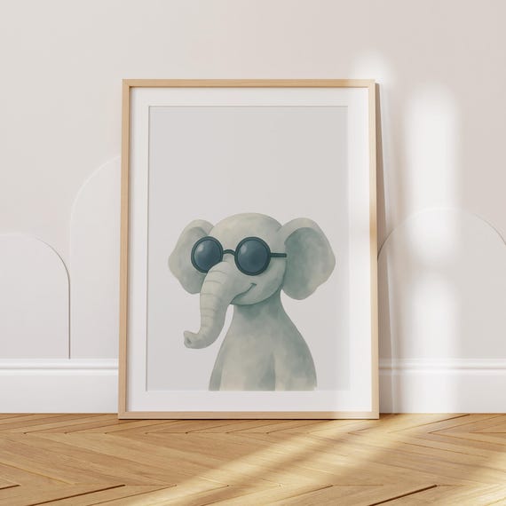 Cool Elephant With Sunglasses Wall Art Safari Kids Room Decor Nursery Animal Print Playroom Whimsical Poster