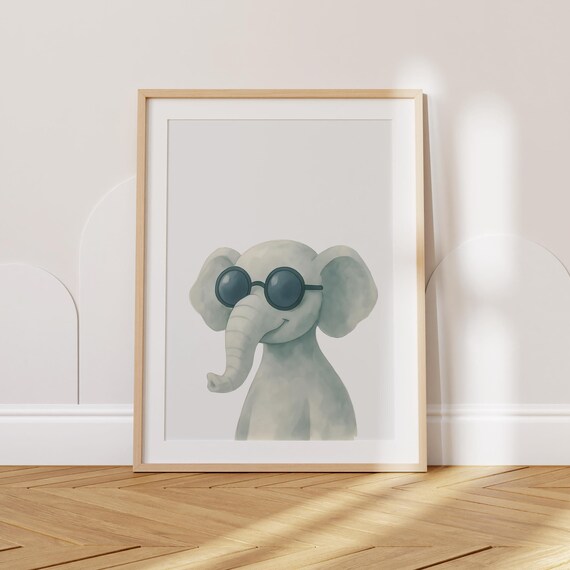 Cute Baby Elephant With Round Sunglasses Watercolor Nursery Poster