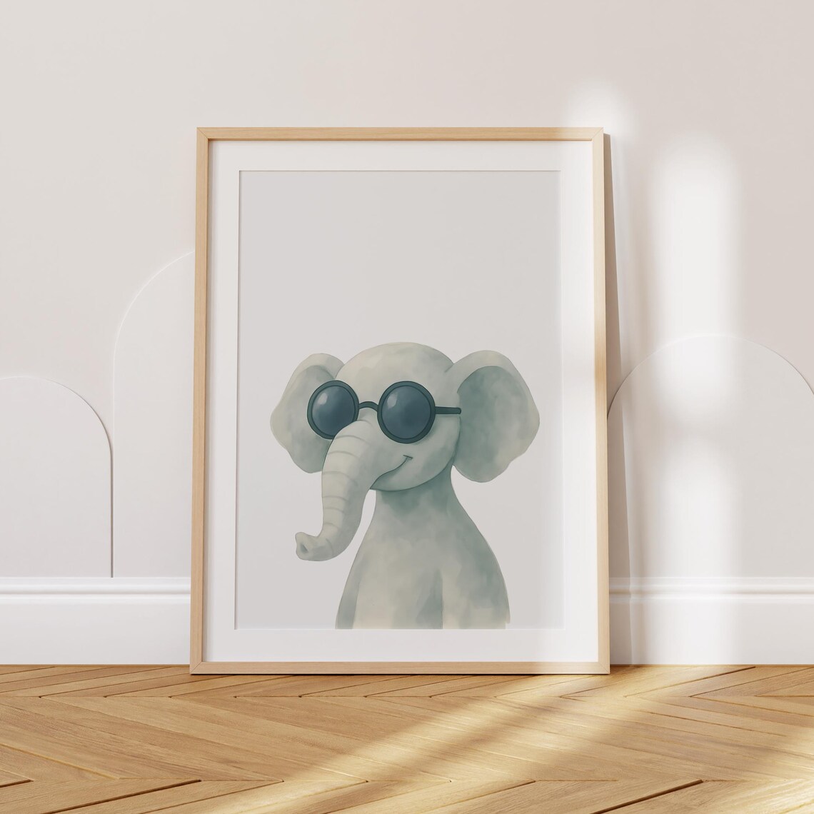 Cute Baby Elephant With Round Sunglasses Watercolor Nursery Poster
