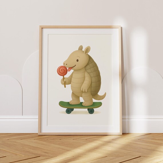 Cute Armadillo On Skateboard With Red Lollipop Kids Room Decor Poster