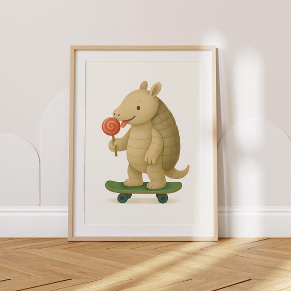 Cute Armadillo Wall Art Print Adorable Animal Poster With Skateboard And Lollipop Kids Room Decor Nursery Artwork Playroom
