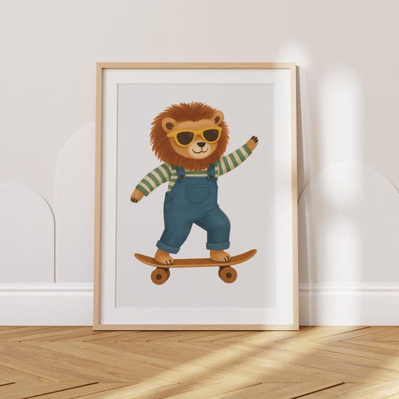 Cool Skateboarding Lion Wall Art Retro Kids Room Print Nursery Decor Boys Animal Illustration Vintage Style