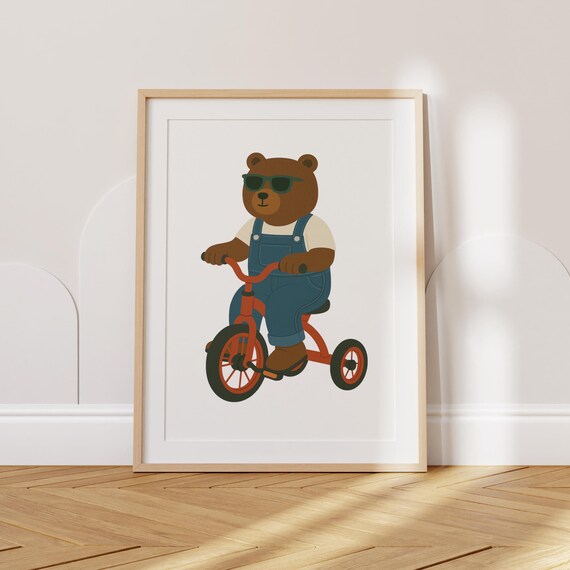 Cool Bear On Tricycle, Whimsical Nursery Art Print