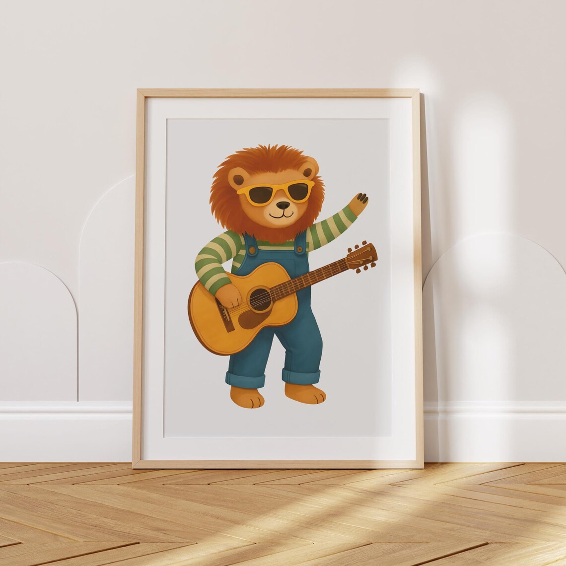 Cool Lion Playing Guitar With Yellow Sunglasses Musical Nursery Wall Poster