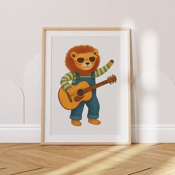 Cool Lion Playing Guitar With Yellow Sunglasses Musical Nursery Wall Poster