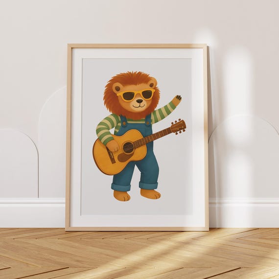 Whimsical Guitar Lion Print Cool Animal Wall Art For Kids Room Musical Nursery Decor Boys Poster Playful