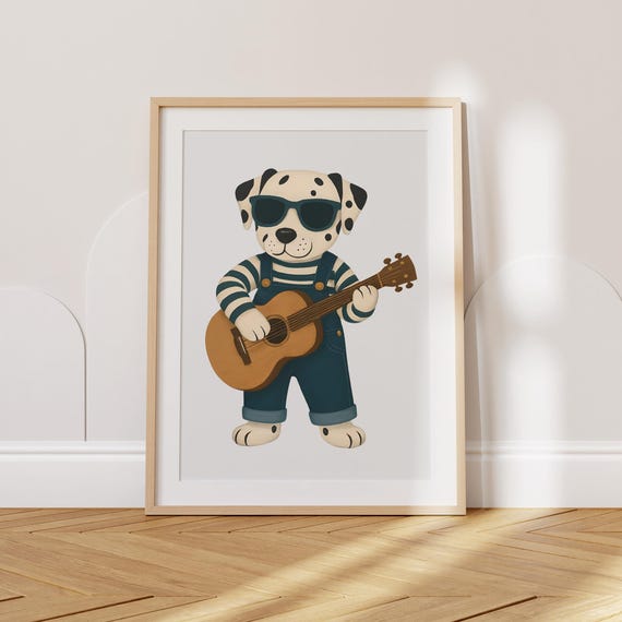 Whimsical Guitar Dalmatian Print Cool Animal Wall Art For Kids Room Musical Nursery Decor Boys Poster Playful