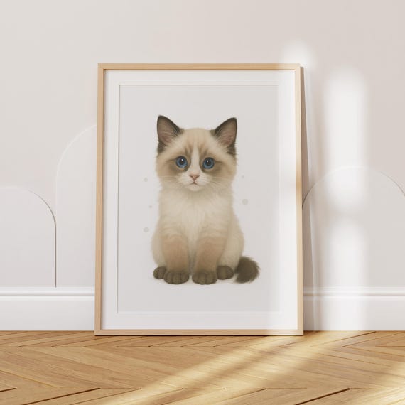 Cat Nursery Print Ragdoll Kitten Blueeyed Wall Art Playful Baby Animal Decor Cute Toddler Poster Kids Room