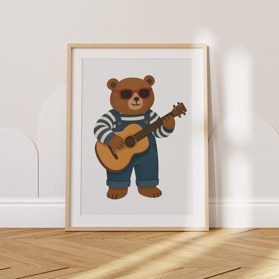 Cute Bear Playing Guitar With Red Sunglasses Musical Nursery Wall Poster