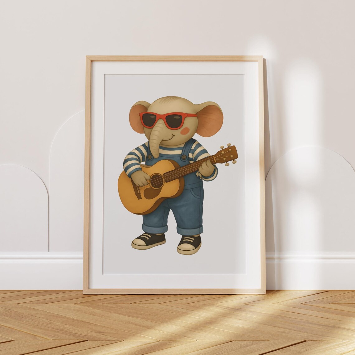 Cute Elephant Playing Guitar With Red Sunglasses Musical Nursery Art Poster