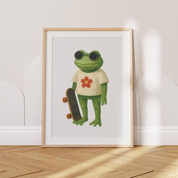 Hipster Frog Skateboard Print Retro Animal Wall Art For Kids Fun Nursery Poster Cool Toddler Room Gender Neutral Decor Funny