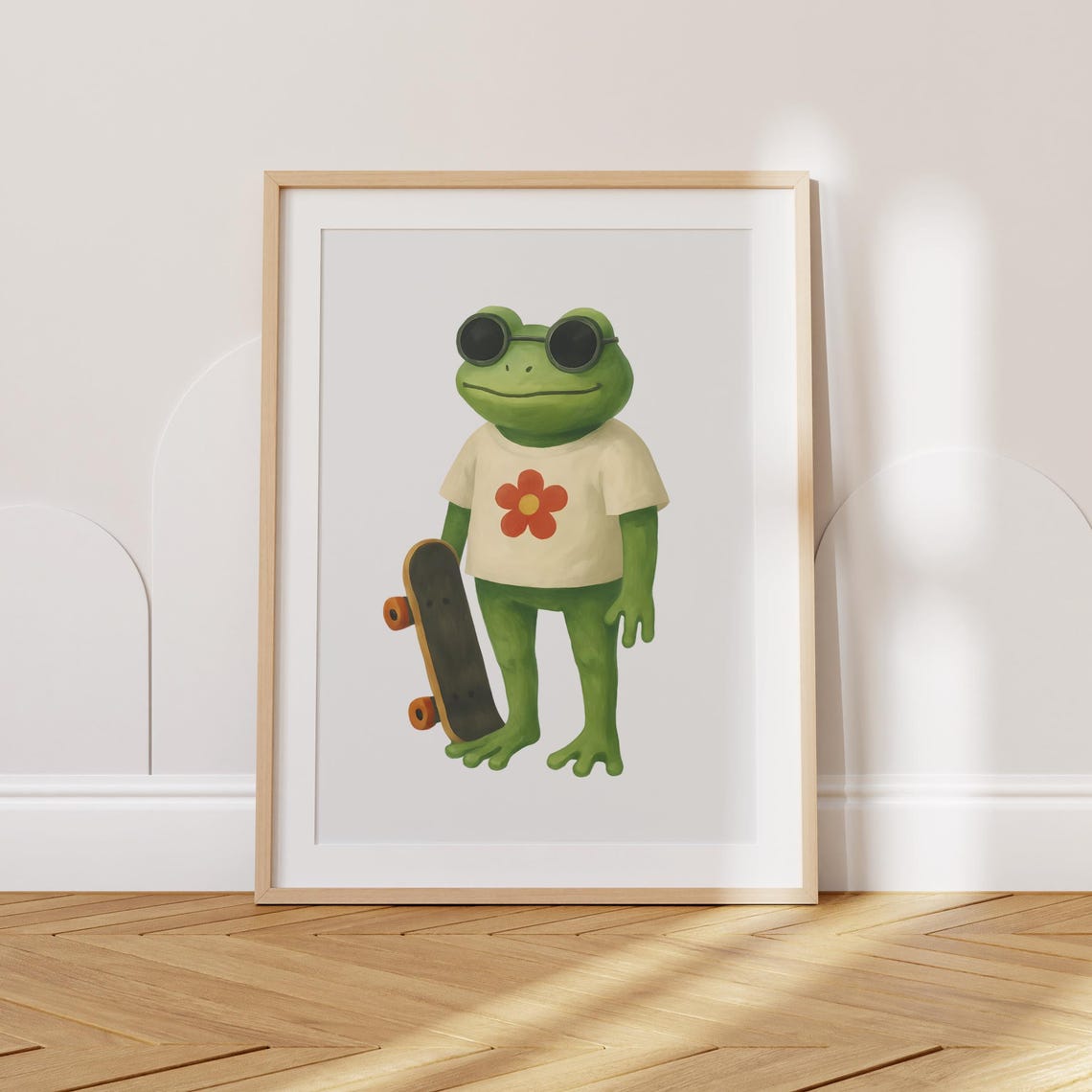 Cool Frog With Sunglasses Holding Skateboard Retro Kids Room Poster