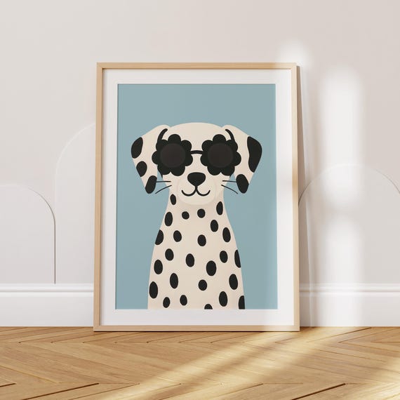 Cool Dalmatian Wall Art Flower Sunglasses Animal Blue Nursery Print Minimalist Decor For Kids Toddlers Dopamine Poster