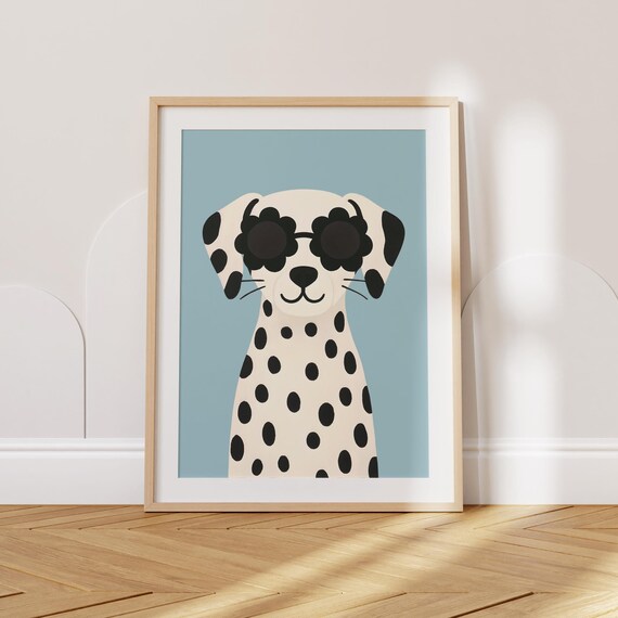 Cute Dalmatian With Flower Sunglasses Minimalist Blue Nursery Poster