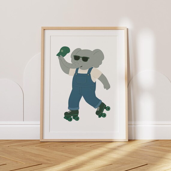 Roller Skating Elephant In Overalls Cool Kids Room Nursery Wall Poster