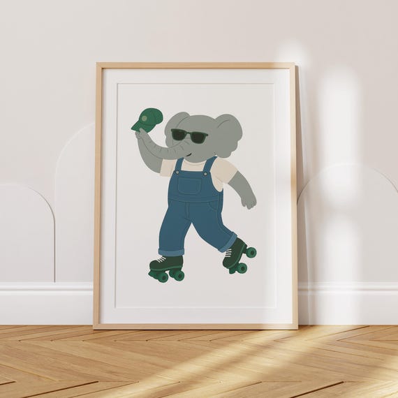 Roller Skating Elephant Nursery Wall Art Whimsical Animal Print For Kids Room Playful Childrens Decor