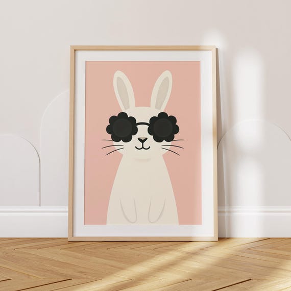 Cool Bunny Wall Art Flower Sunglasses Animal Pink Rabbit Nursery Print Dopamine Poster Minimalist Decor For Kids Toddlers