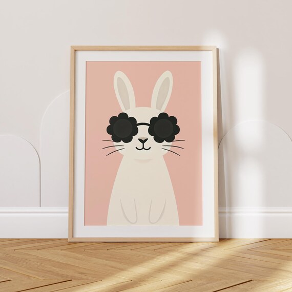Cute Bunny With Black Flower Sunglasses Minimalist Pink Nursery Poster