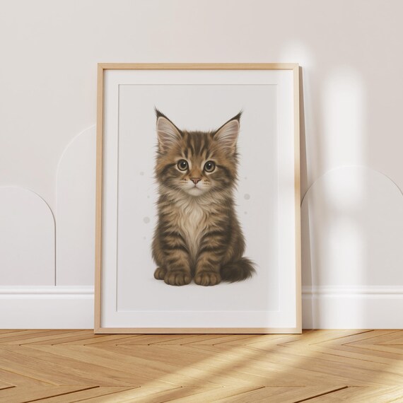 Adorable Maine Coon Tabby Kitten Watercolor Portrait Nursery Poster