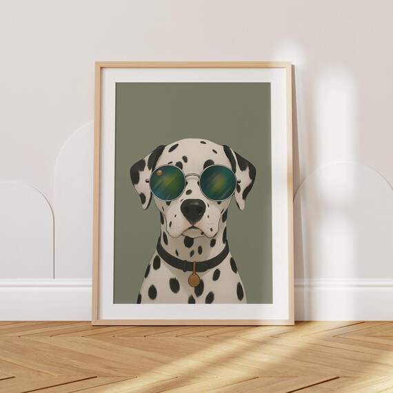 Cool Dalmatian With Sunglasses Minimalist Dog Portrait Nursery Art Poster
